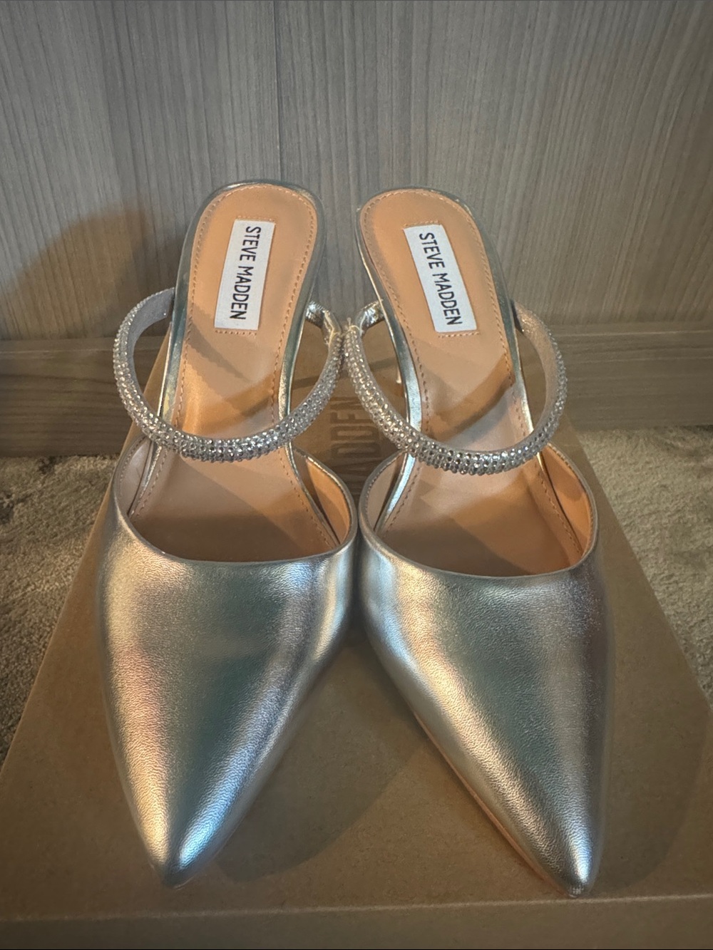 Steve Madden Silver Pointed Crystal-Embellished Slip-On Mules - Picture 3 of 4